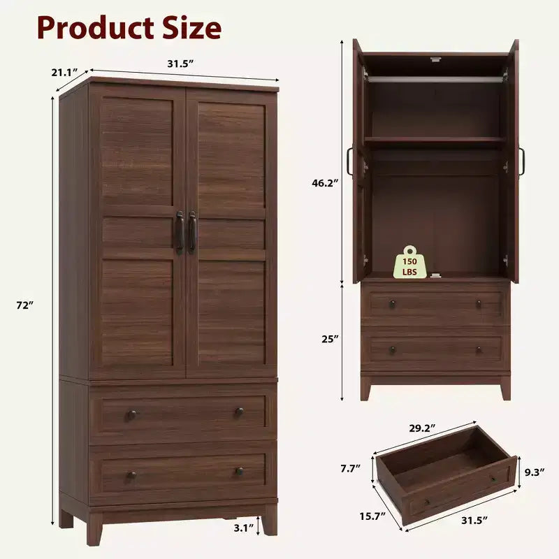 Armadio Guardaroba con 2 Cassetti, Armadio alto in legno da 182 cm con Asta Appendipeanni, Armadio con Ante e Ripiani Regolabili per la Camera da Letto