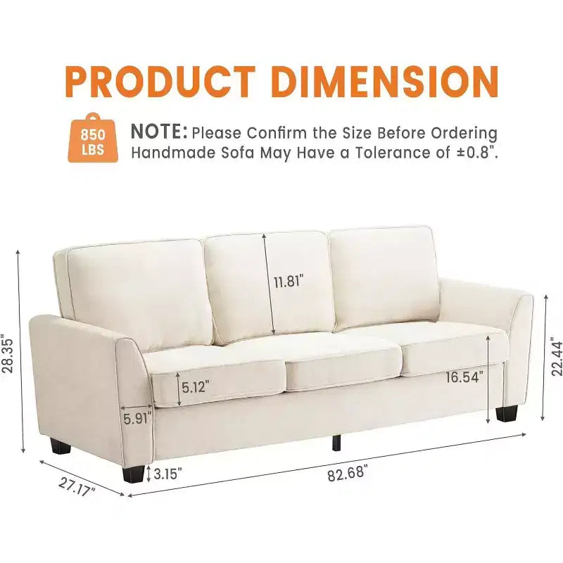 Divano a 3 posti moderno "Cloud" da 210 cm – Seduta profonda in ciniglia, rivestimento lavabile, beige