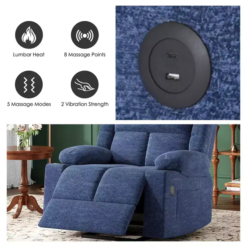 Poltrona Reclinabile Power Lift – Massaggio, Calore, Porte USB e Portabicchieri, 158 kg, Blu