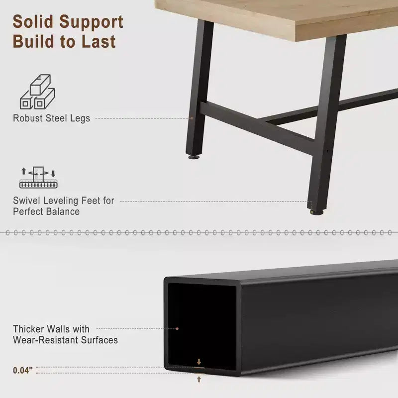 70.87 Grande tavolo da pranzo rustico in legno per 6 persone, con robuste gambe in metallo nero, tavolo da patio rettangolare industriale per cucina, sala da pranzo