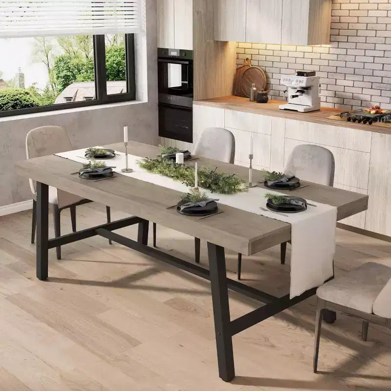70.87 Grande tavolo da pranzo rustico in legno per 6 persone, con robuste gambe in metallo nero, tavolo da patio rettangolare industriale per cucina, sala da pranzo