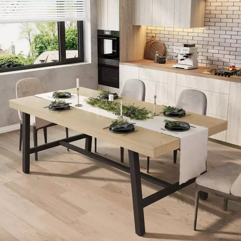 70.87 Grande tavolo da pranzo rustico in legno per 6 persone, con robuste gambe in metallo nero, tavolo da patio rettangolare industriale per cucina, sala da pranzo