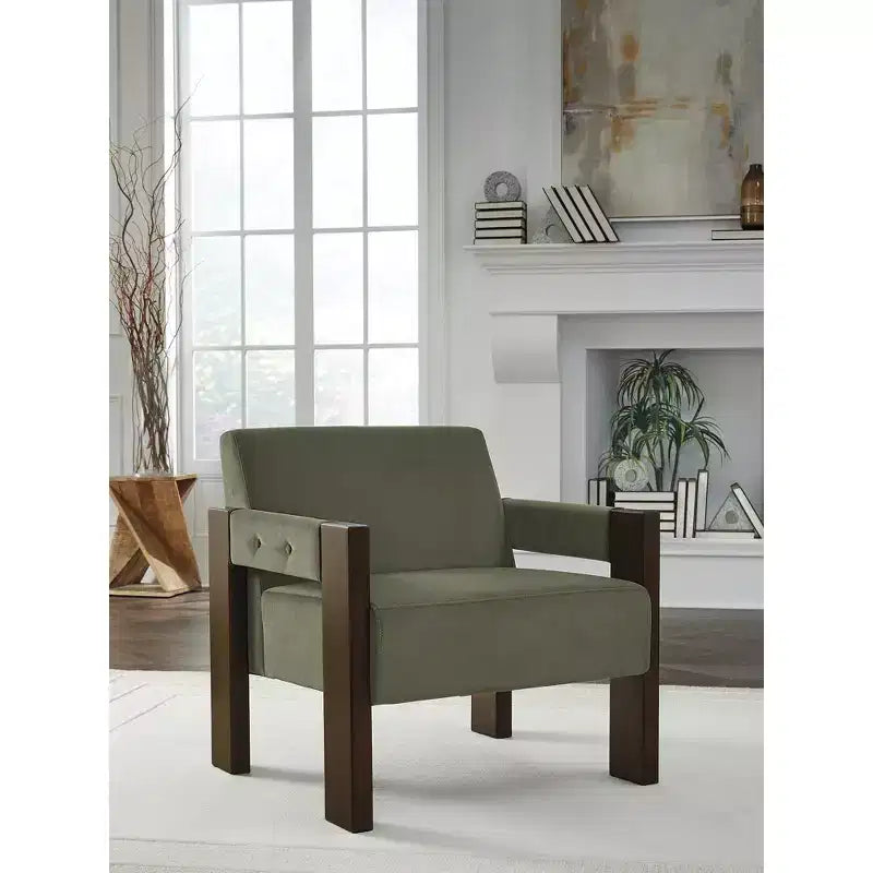 Poltrona d'accento – Rivestimento in velluto verde oliva e struttura in legno color espresso, stile contemporaneo