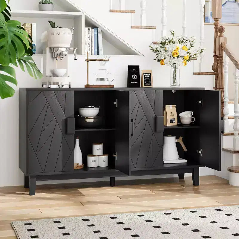 Credenza nera moderna – Design geometrico dell'anta, ripiani regolabili, 140 cm L