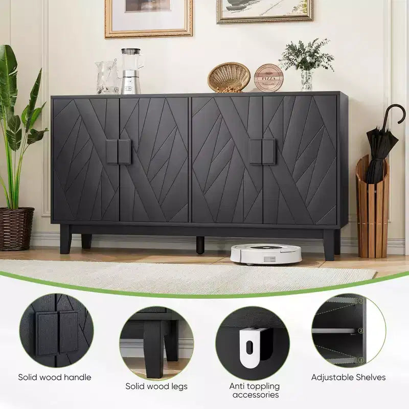 Credenza nera moderna – Design geometrico dell'anta, ripiani regolabili, 140 cm L