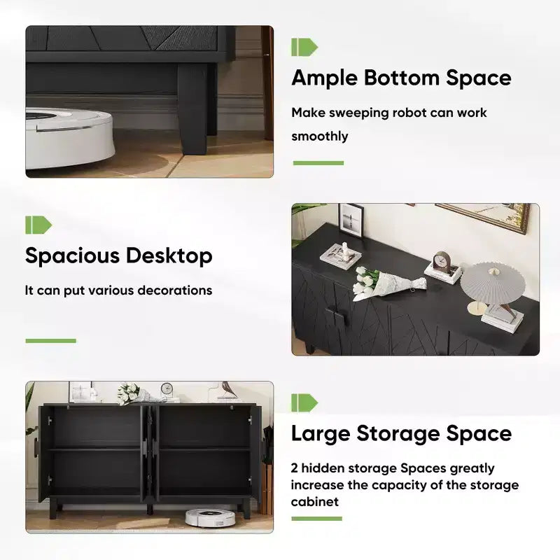 Credenza nera moderna – Design geometrico dell'anta, ripiani regolabili, 140 cm L