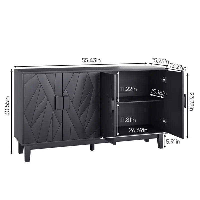 Credenza nera moderna – Design geometrico dell'anta, ripiani regolabili, 140 cm L