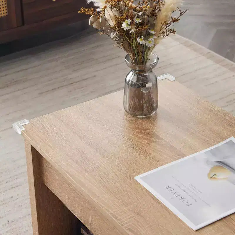 Tavolino da Caffè Rettangolare in Truciolare Color Rovere con Intreccio in Rattan di Bambù, Allungabile e Sollevabile