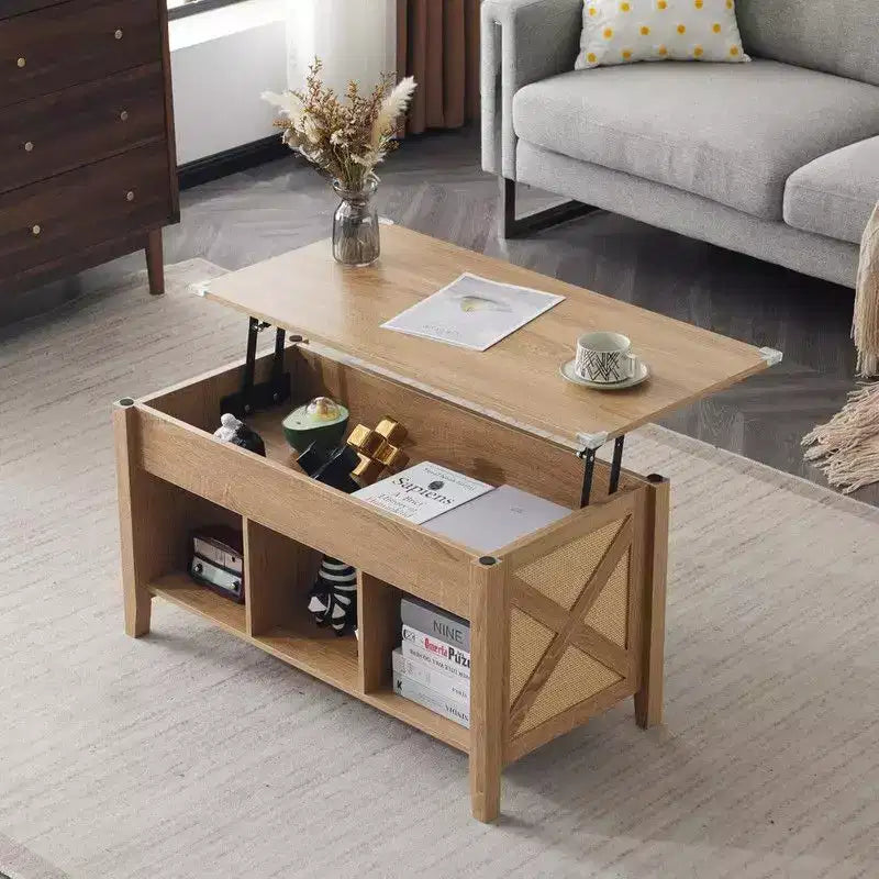 Tavolino da Caffè Rettangolare in Truciolare Color Rovere con Intreccio in Rattan di Bambù, Allungabile e Sollevabile