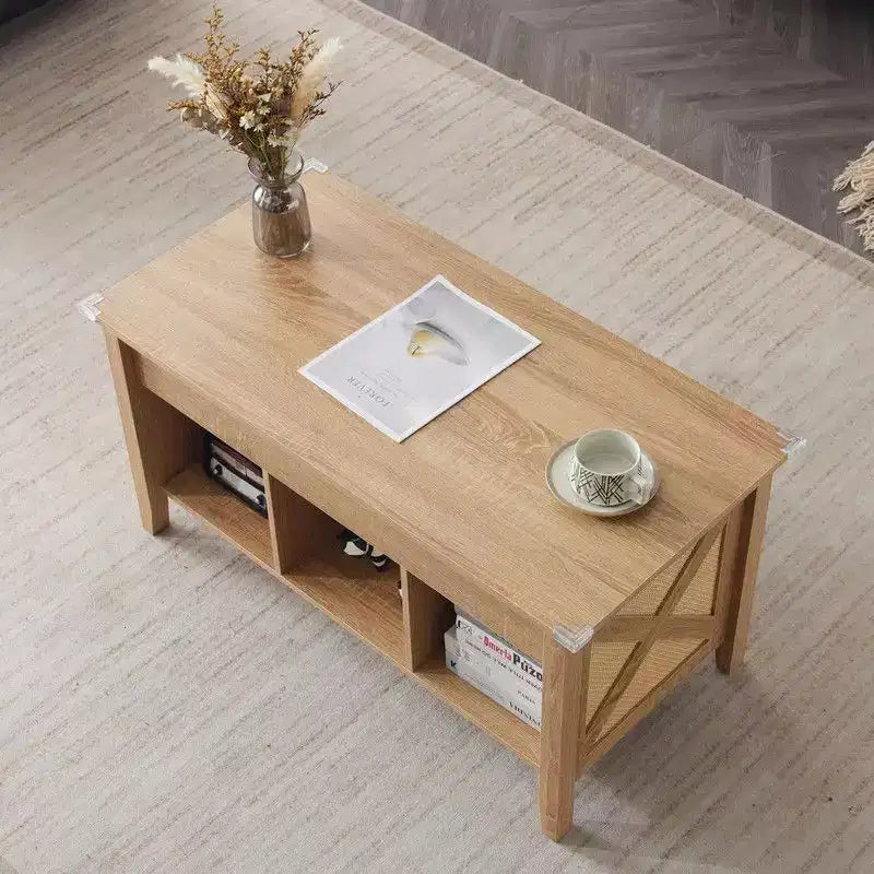 Tavolino da Caffè Rettangolare in Truciolare Color Rovere con Intreccio in Rattan di Bambù, Allungabile e Sollevabile