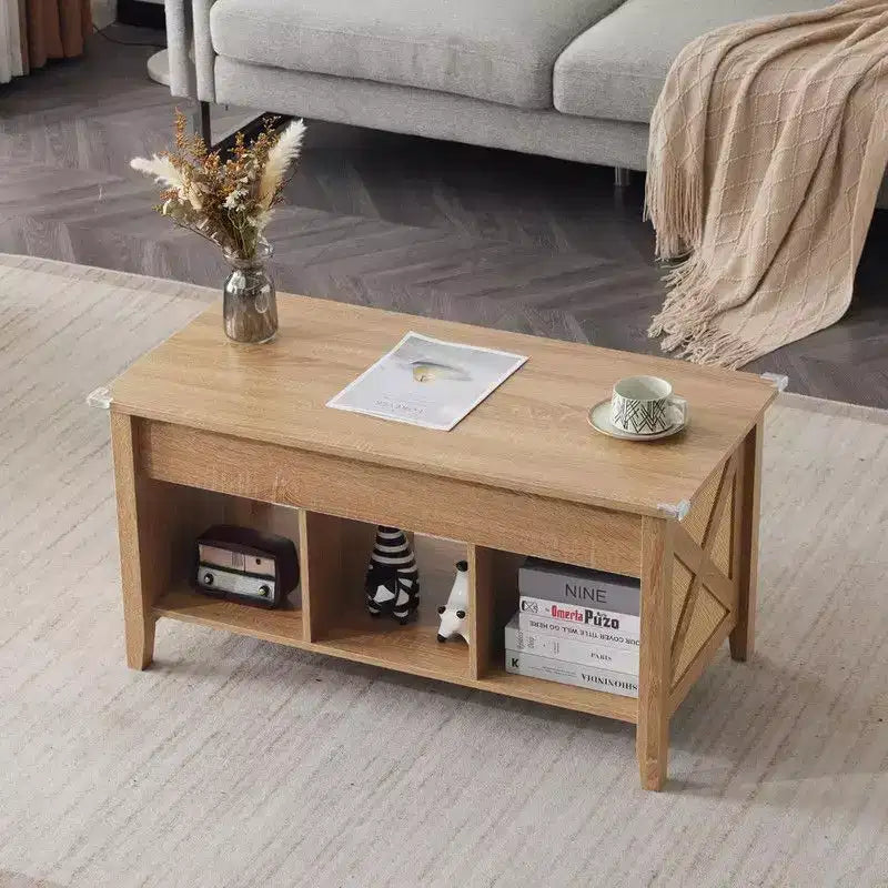 Tavolino da Caffè Rettangolare in Truciolare Color Rovere con Intreccio in Rattan di Bambù, Allungabile e Sollevabile