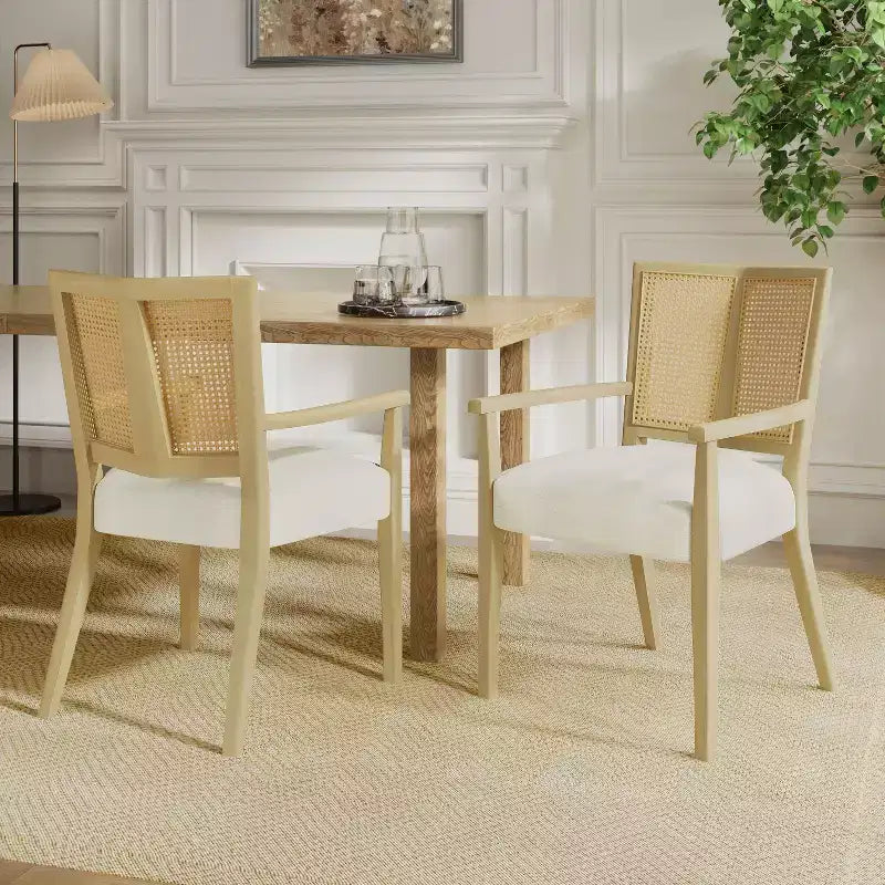 PexFix 2Pcs Modern Upholstered Fabric Armchairs Dining Chairs Rattan Back Dining Room Chairs Accent Kitchen Chairs with Solid Wood Legs Natural