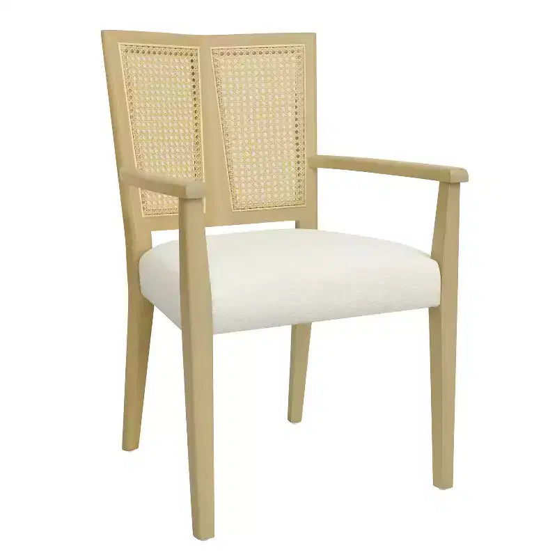 Set di 2 Poltrone Imbottite in Tessuto – Schienale in Rattan e Gambe in Legno Massello, Naturale