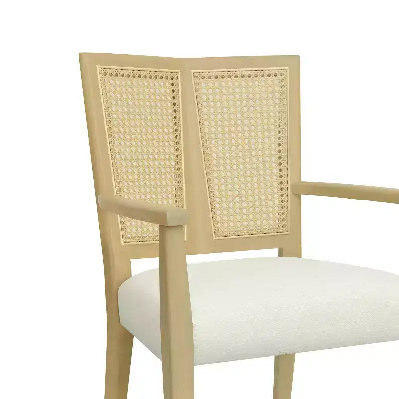 Set di 2 Poltrone Imbottite in Tessuto – Schienale in Rattan e Gambe in Legno Massello, Naturale