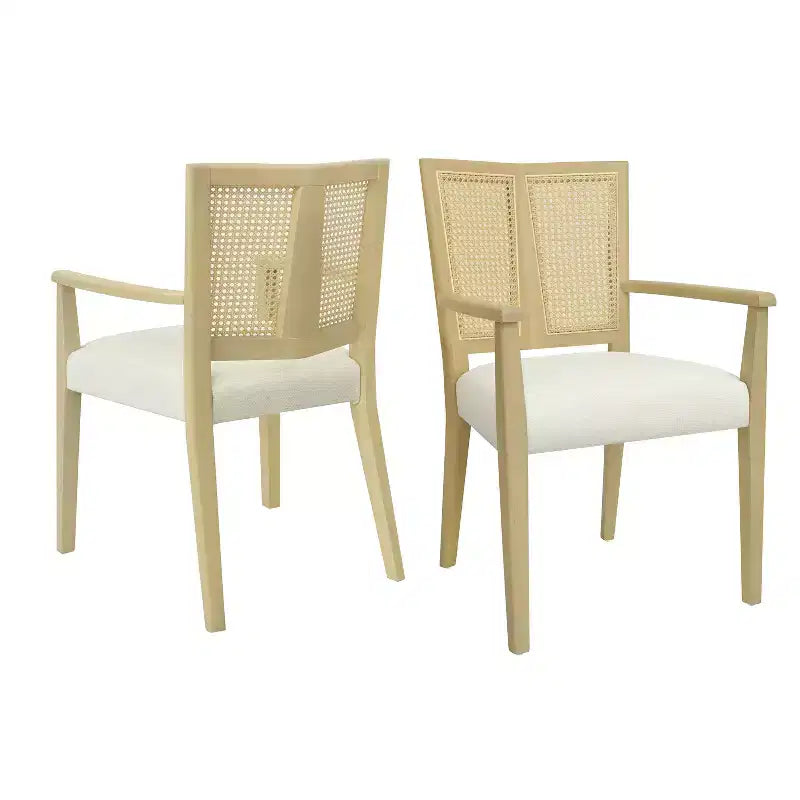 Set di 2 Poltrone Imbottite in Tessuto – Schienale in Rattan e Gambe in Legno Massello, Naturale