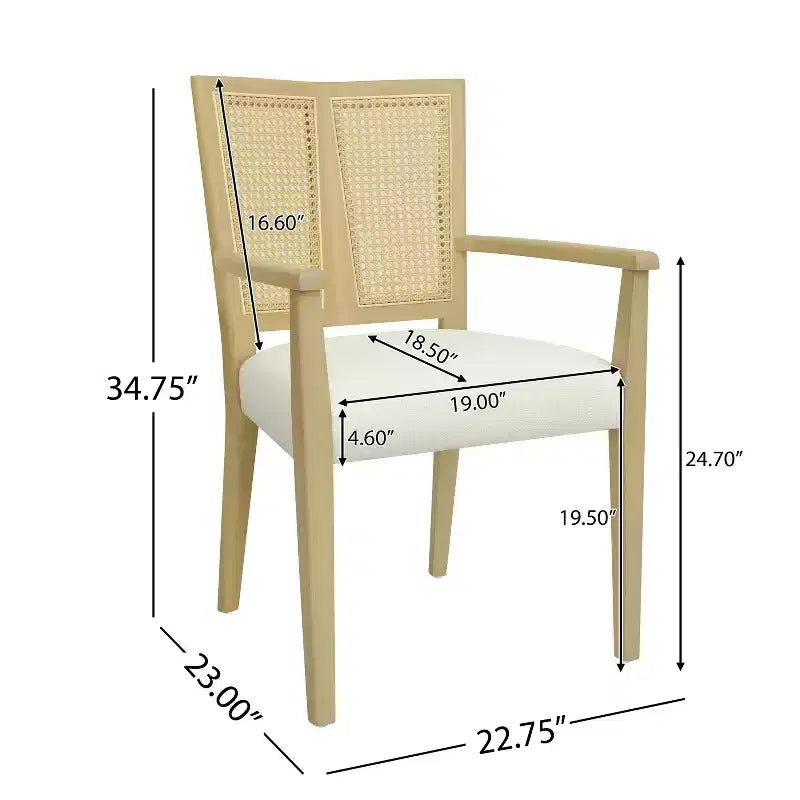 Set di 2 Poltrone Imbottite in Tessuto – Schienale in Rattan e Gambe in Legno Massello, Naturale