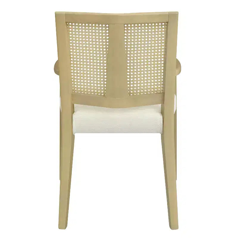 Set di 2 Poltrone Imbottite in Tessuto – Schienale in Rattan e Gambe in Legno Massello, Naturale