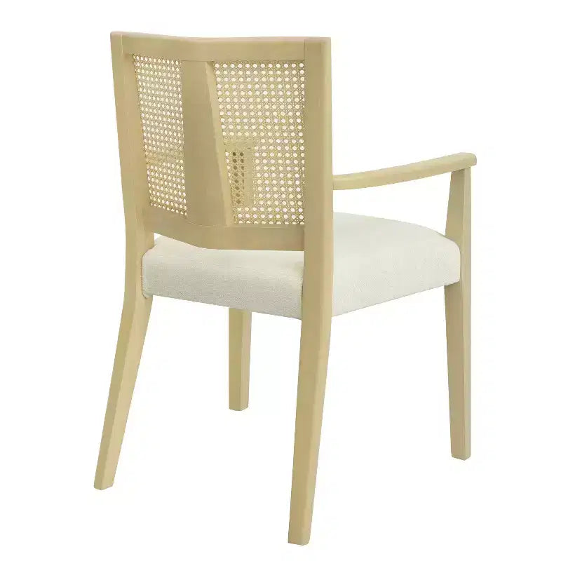 Set di 2 Poltrone Imbottite in Tessuto – Schienale in Rattan e Gambe in Legno Massello, Naturale