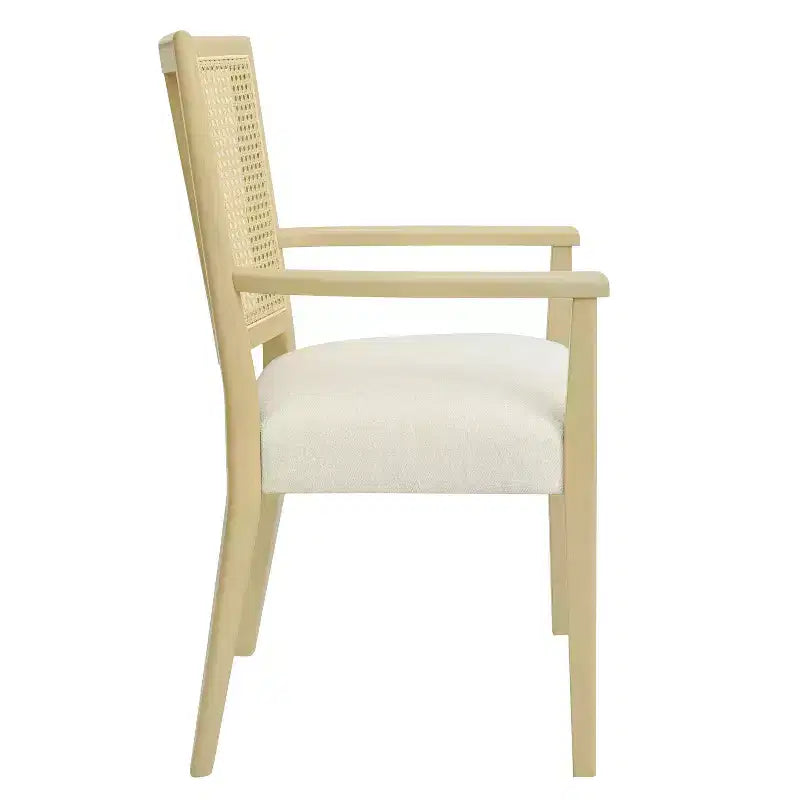 Set di 2 Poltrone Imbottite in Tessuto – Schienale in Rattan e Gambe in Legno Massello, Naturale