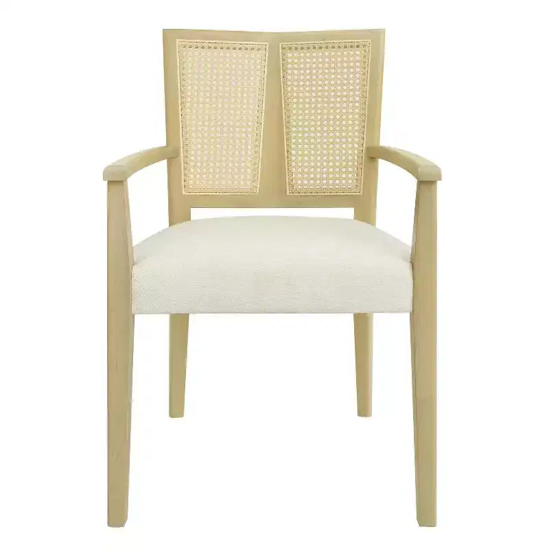 Set di 2 Poltrone Imbottite in Tessuto – Schienale in Rattan e Gambe in Legno Massello, Naturale