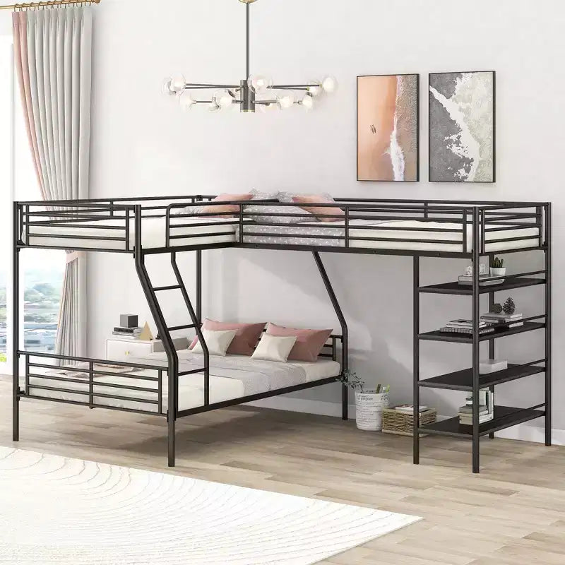 Letto a castello triplo in metallo, letto a castello a L per 3 bambini, letto a castello doppio su piazza e mezza e letto a soppalco singolo con quattro ripiani integrati, nero