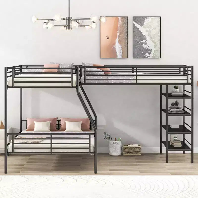 Letto a castello triplo in metallo, letto a castello a L per 3 bambini, letto a castello doppio su piazza e mezza e letto a soppalco singolo con quattro ripiani integrati, nero
