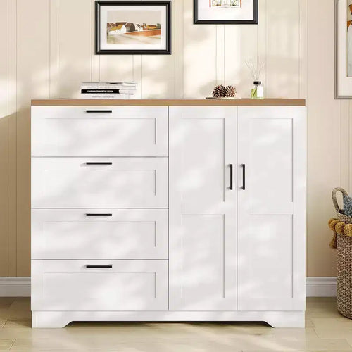 GustoWave 43.3'' Multifunctional Wooden Dresser, Low Storage Cabinet for Bedroom, 2 Door Wardrobe Armoire Closet with 4 Drawers and Hanging Rod