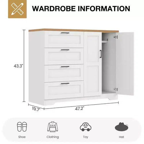 Comò multifunzionale in legno da 43,3" – Armadio a 2 ante con 4 cassetti e asta appendiabiti