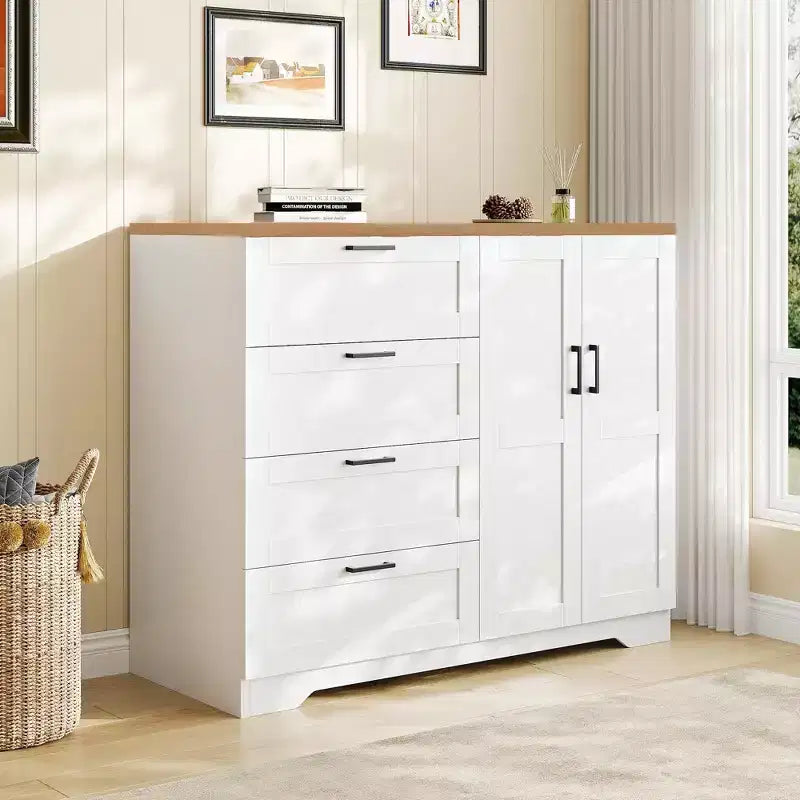 Comò multifunzionale in legno da 43,3" – Armadio a 2 ante con 4 cassetti e asta appendiabiti