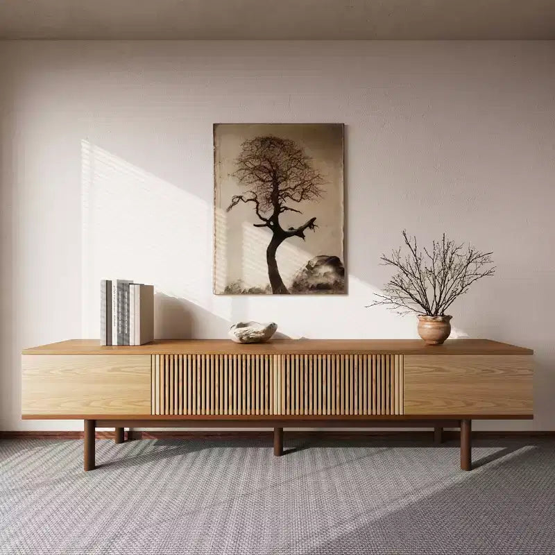 Mobile TV Moderno di Metà Secolo in Legno Massello da 220 cm – Consolle Multimediale, Naturale, Adatto per TV Fino a 100"