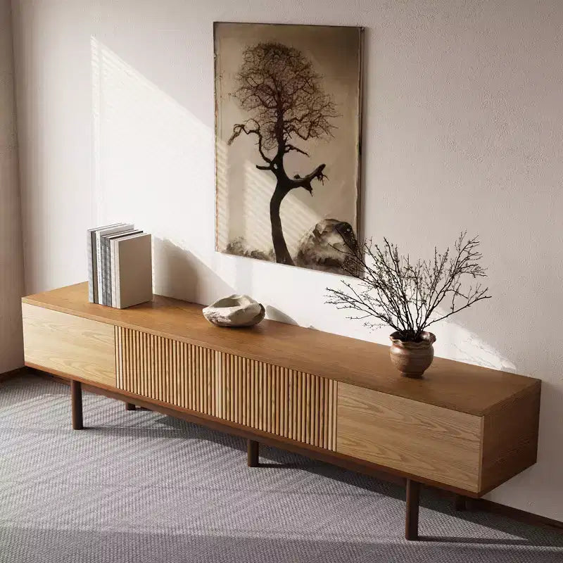 Mobile TV Moderno di Metà Secolo in Legno Massello da 220 cm – Consolle Multimediale, Naturale, Adatto per TV Fino a 100"