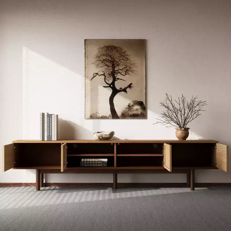 Mobile TV Moderno di Metà Secolo in Legno Massello da 220 cm – Consolle Multimediale, Naturale, Adatto per TV Fino a 100"
