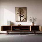 Mobile TV Moderno di Metà Secolo in Legno Massello da 220 cm – Consolle Multimediale, Naturale, Adatto per TV Fino a 100"