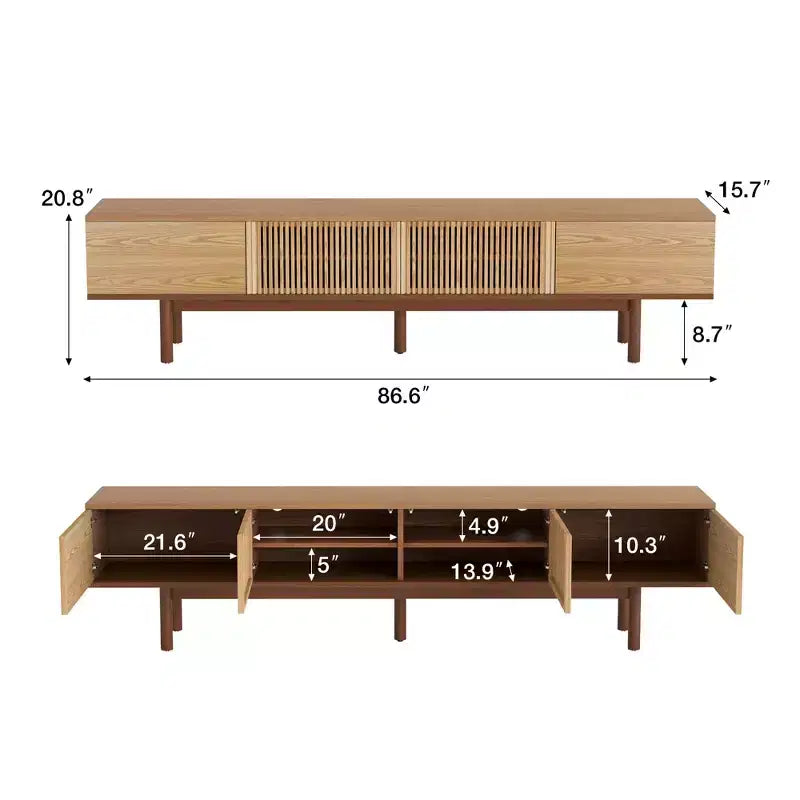 Mobile TV Moderno di Metà Secolo in Legno Massello da 220 cm – Consolle Multimediale, Naturale, Adatto per TV Fino a 100"