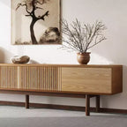 Mobile TV Moderno di Metà Secolo in Legno Massello da 220 cm – Consolle Multimediale, Naturale, Adatto per TV Fino a 100"