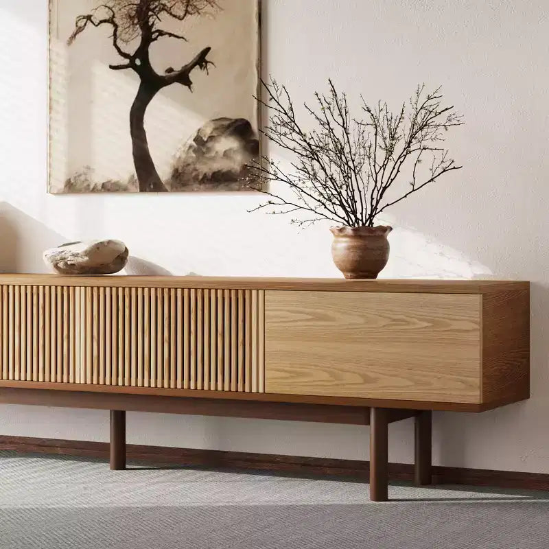 Mobile TV Moderno di Metà Secolo in Legno Massello da 220 cm – Consolle Multimediale, Naturale, Adatto per TV Fino a 100"