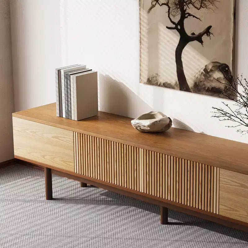 Mobile TV Moderno di Metà Secolo in Legno Massello da 220 cm – Consolle Multimediale, Naturale, Adatto per TV Fino a 100"