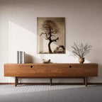 Mobile TV Moderno di Metà Secolo in Legno Massello da 220 cm – Consolle Multimediale, Naturale, Adatto per TV Fino a 100"
