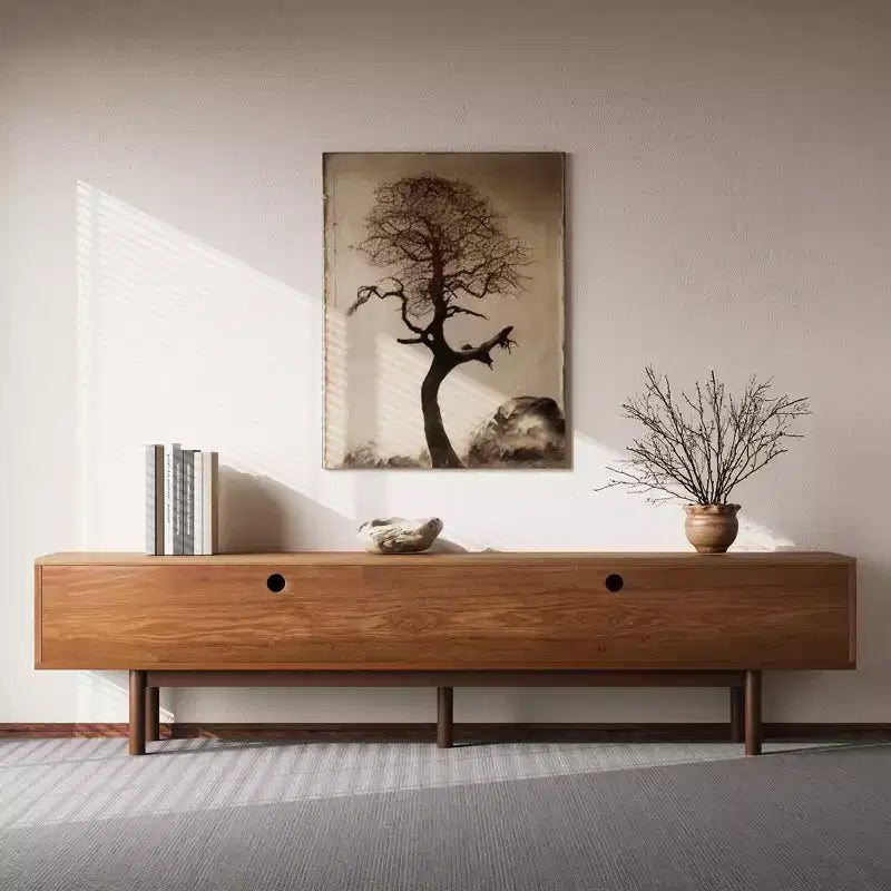 Mobile TV Moderno di Metà Secolo in Legno Massello da 220 cm – Consolle Multimediale, Naturale, Adatto per TV Fino a 100"