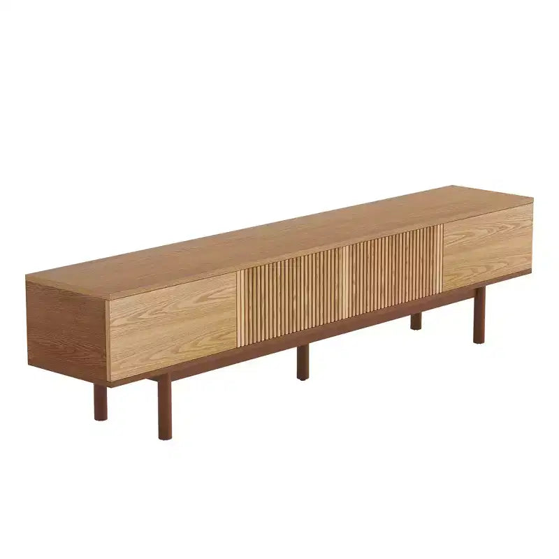 Mobile TV Moderno di Metà Secolo in Legno Massello da 220 cm – Consolle Multimediale, Naturale, Adatto per TV Fino a 100"