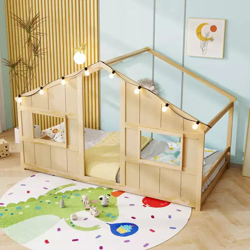 Letto a Capanna Singolo con Luci LED – Legno Massello, Stile Montessori per Bambini