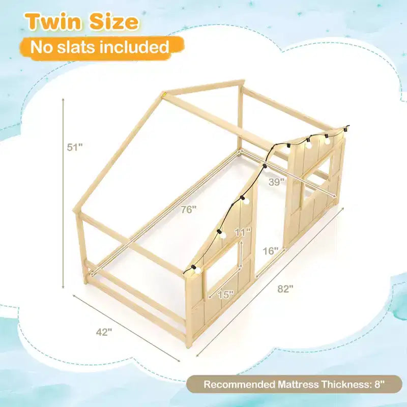 Letto a Capanna Singolo con Luci LED – Legno Massello, Stile Montessori per Bambini