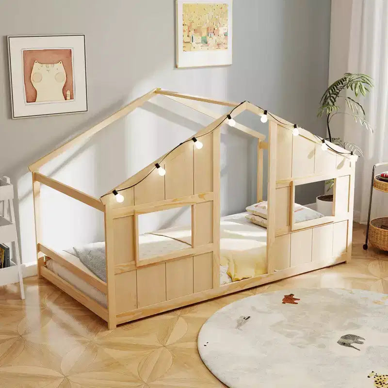 Letto a Capanna Singolo con Luci LED – Legno Massello, Stile Montessori per Bambini
