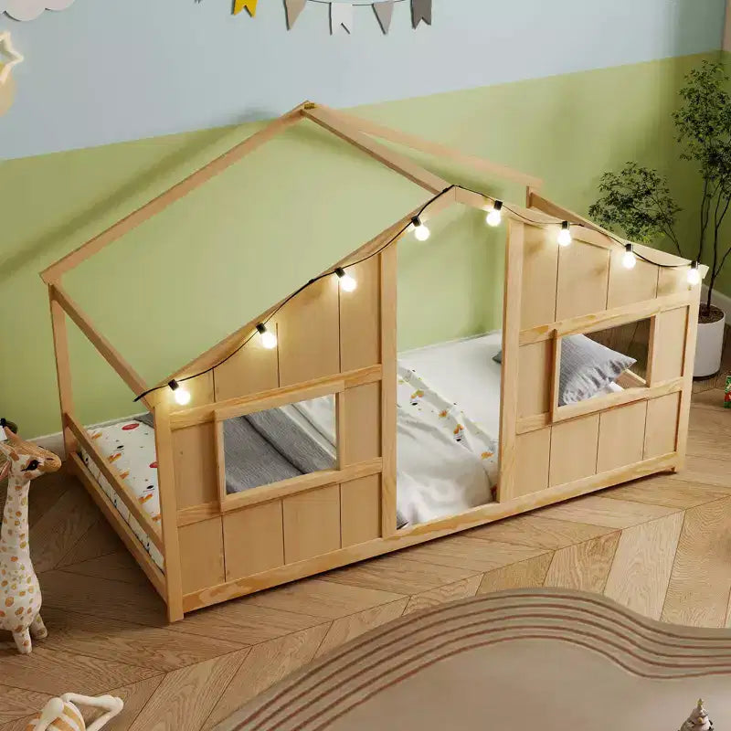 Letto a Capanna Singolo con Luci LED – Legno Massello, Stile Montessori per Bambini