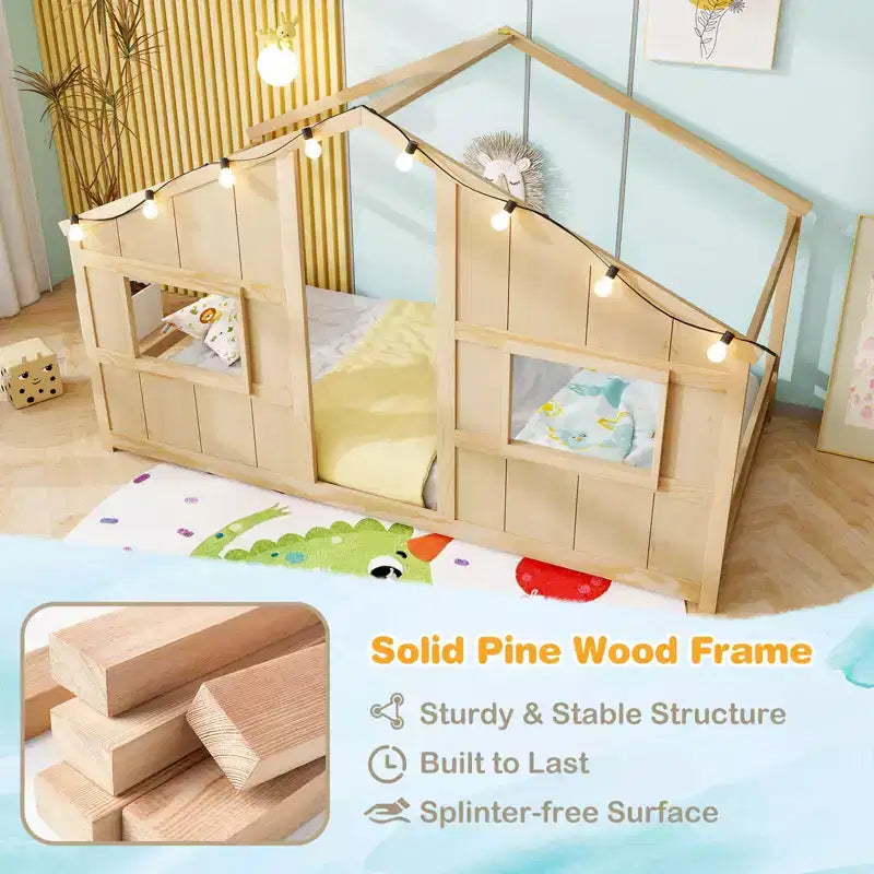 Letto a Capanna Singolo con Luci LED – Legno Massello, Stile Montessori per Bambini