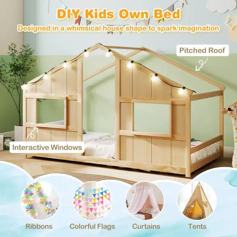 Letto a Capanna Singolo con Luci LED – Legno Massello, Stile Montessori per Bambini