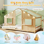 Letto a Capanna Singolo con Luci LED – Legno Massello, Stile Montessori per Bambini