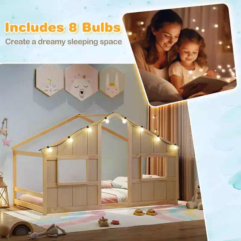 Letto a Capanna Singolo con Luci LED – Legno Massello, Stile Montessori per Bambini