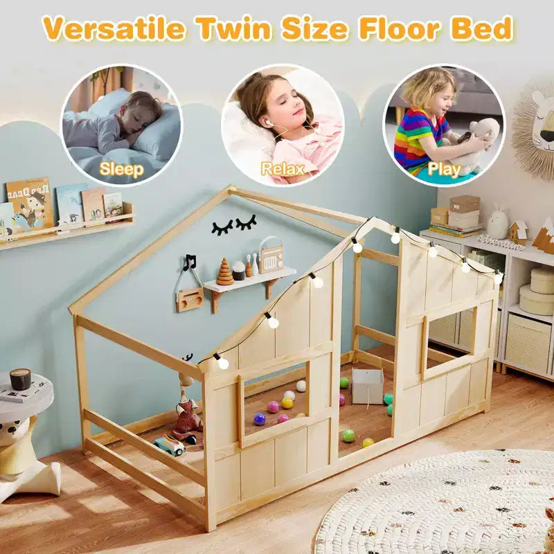 Letto a Capanna Singolo con Luci LED – Legno Massello, Stile Montessori per Bambini