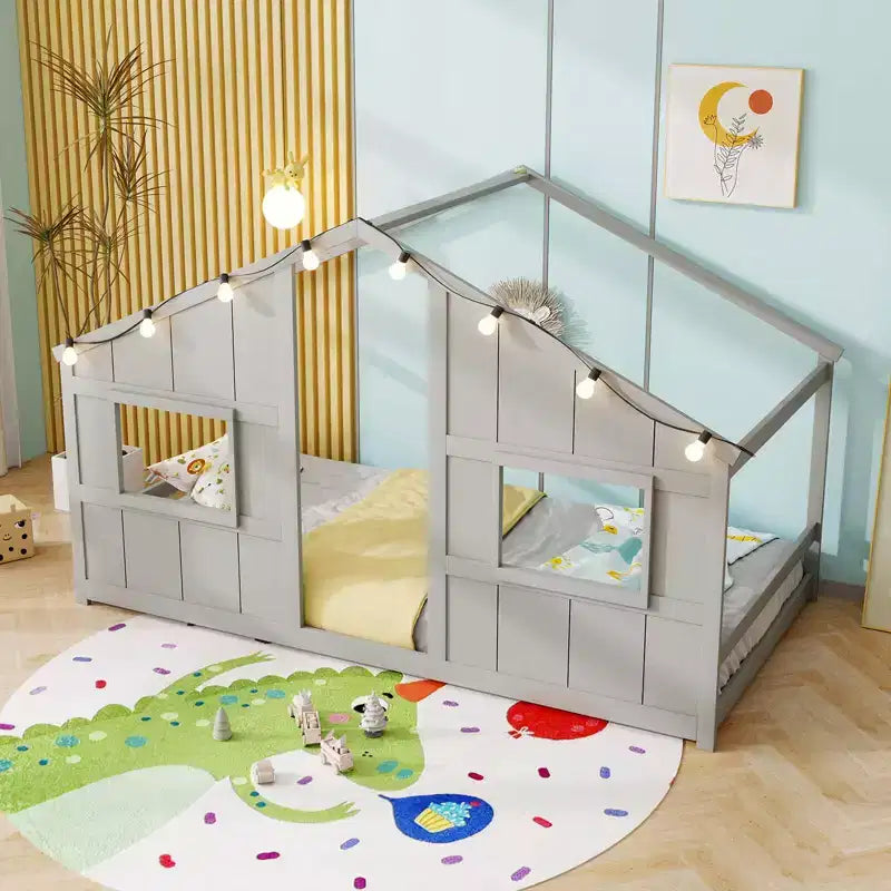 Letto a Capanna Singolo con Luci LED – Legno Massello, Stile Montessori per Bambini